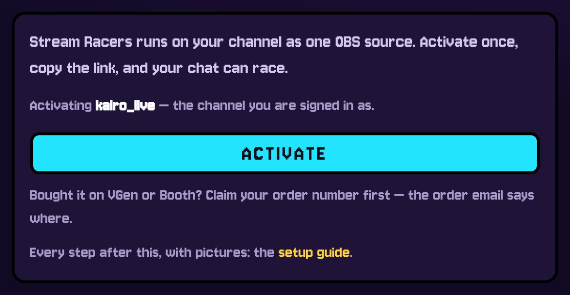The Studio's activation panel: Activating kairo_live, the channel you are signed in as, and the ACTIVATE button
