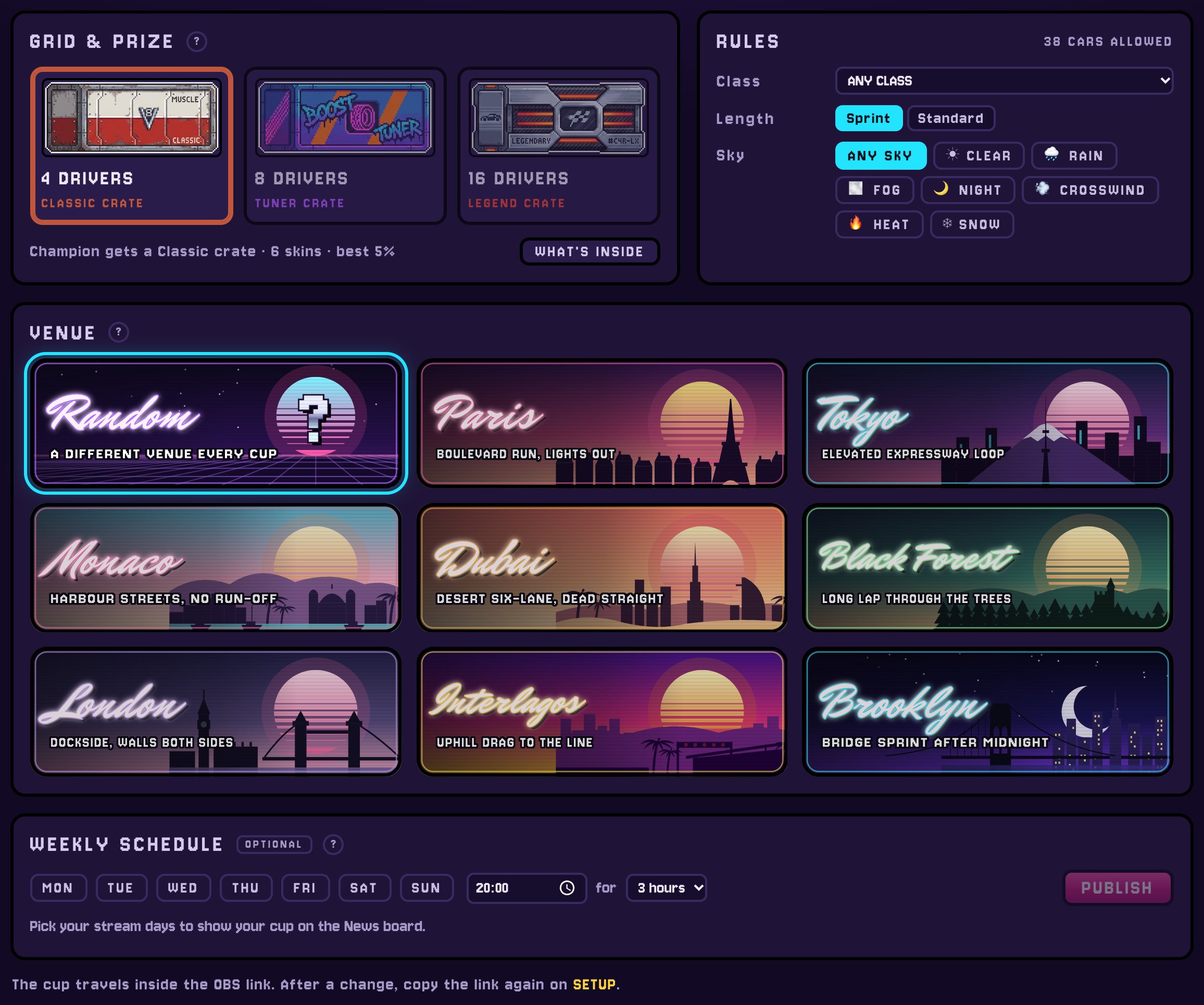 The Studio's CUP tab: grid and prize, rules, venue and weekly schedule