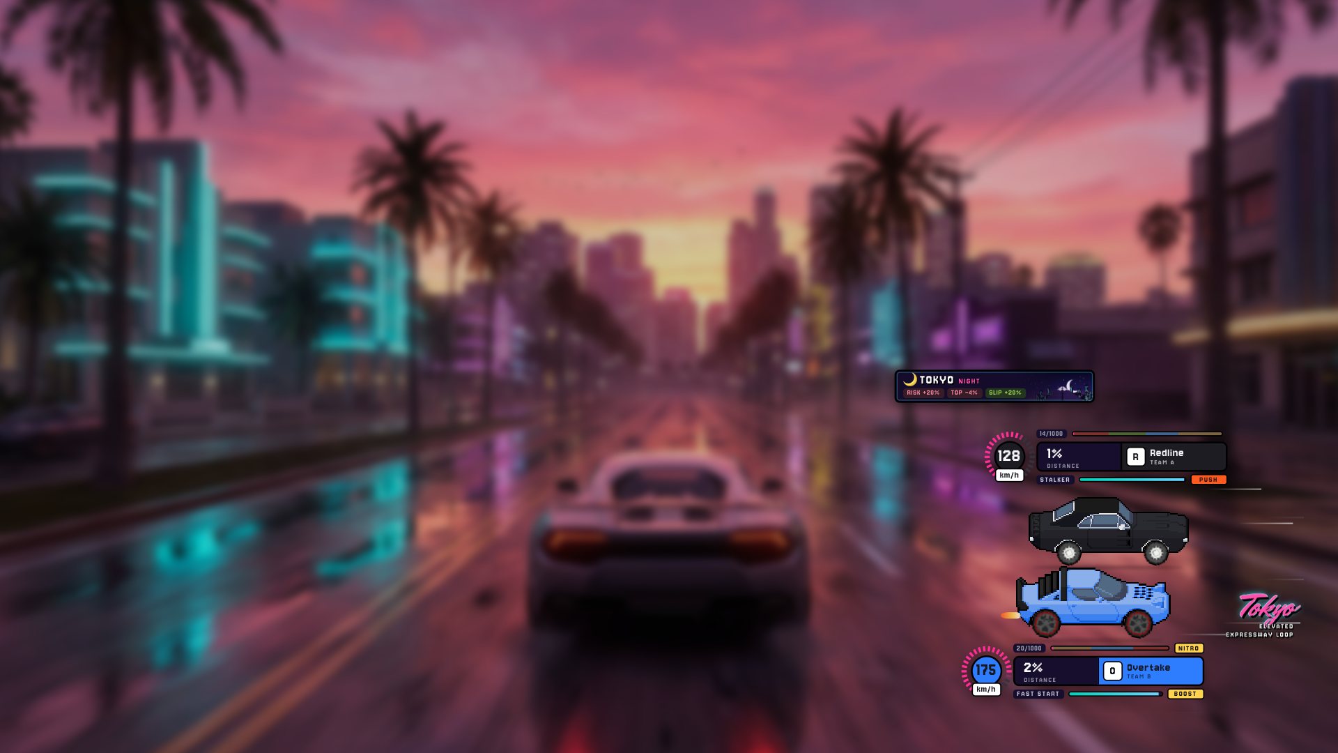 A race running over the game: two cars, their speed and distance, the venue sign