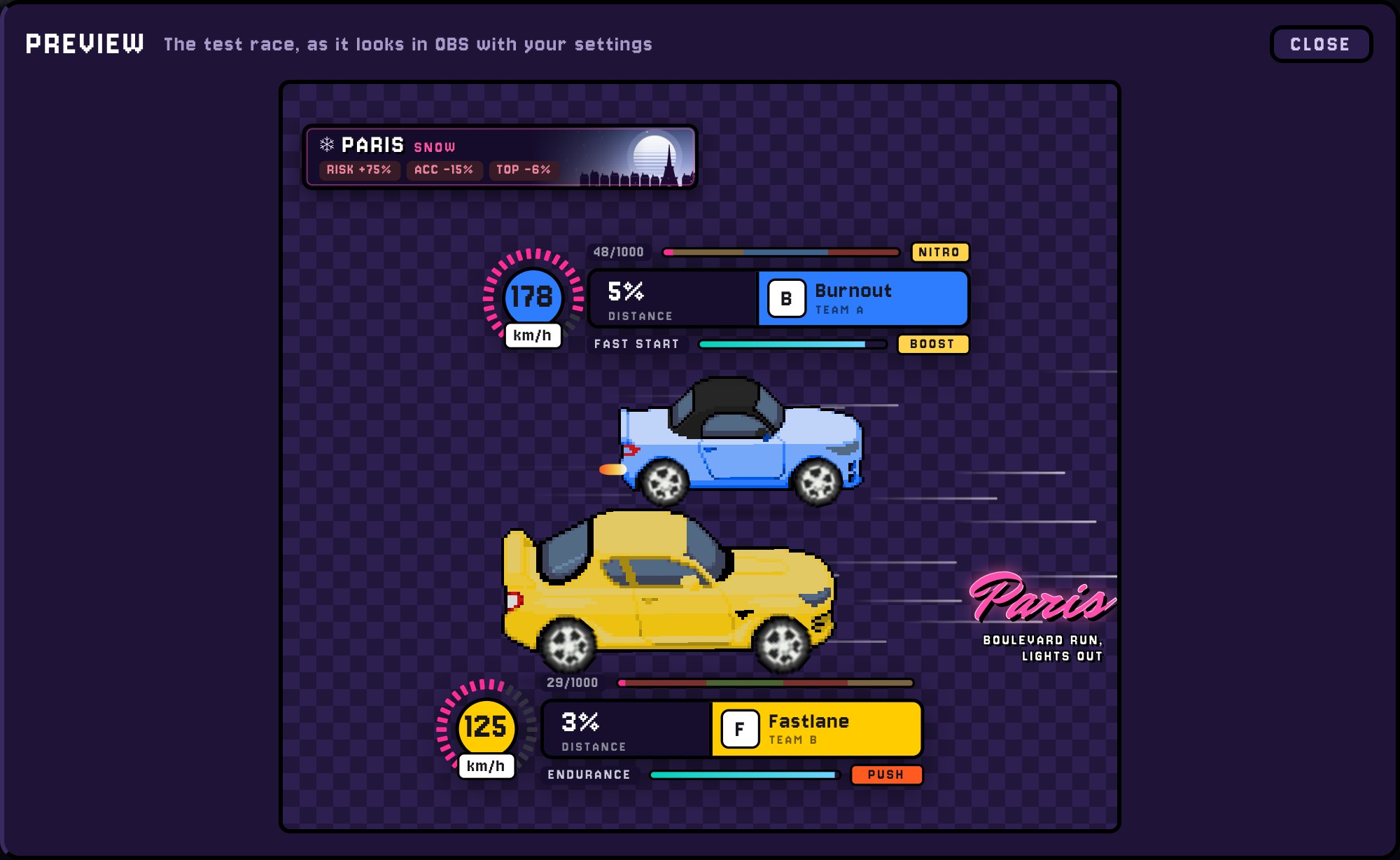 The Studio's preview: the test race as OBS will show it